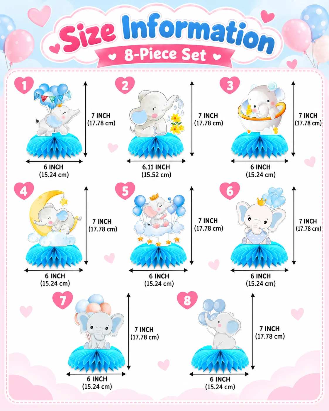 8 Stück Blaue Elefanten Waben-Tischdekoration 3D Tier Party DIY Dekorationen für Geburtstag Babyparty Partyzubehör – Detail 3