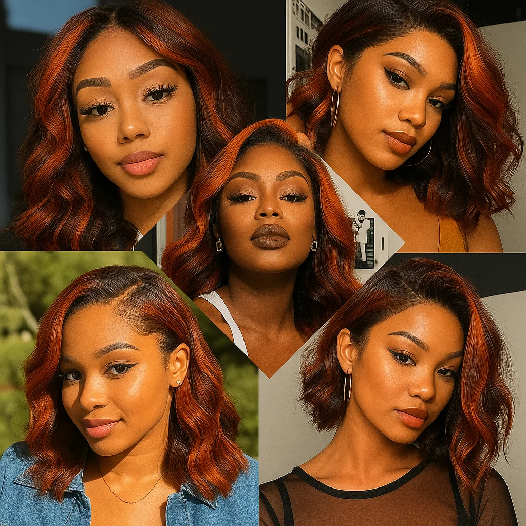 # Peruka typu bob z krótkimi włosami, falowane, z przedziałkiem z przodu, wykonana z ludzkich włosów, ombre balayage, bezklejowa, 13x4, w kolorze brązowym z czerwonymi pasemkami, dla czarnoskórych kobiet.