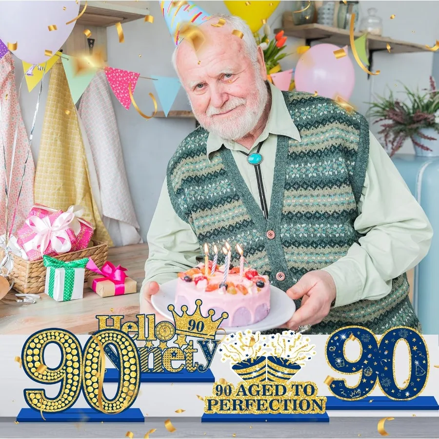 Feliz 90th aniversário decorações de mesa azul 90th aniversário peças centrais sinal azul marinho ouro 90th aniversário festa suprimentos de