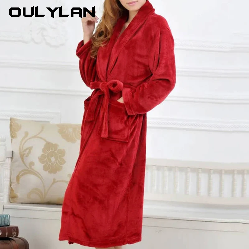 Oulylan Women Flannel Bath Robe Sleepwear 2024 Autumn Winter Solid Plush Couple Bathrobe Thick Warm Female Robe