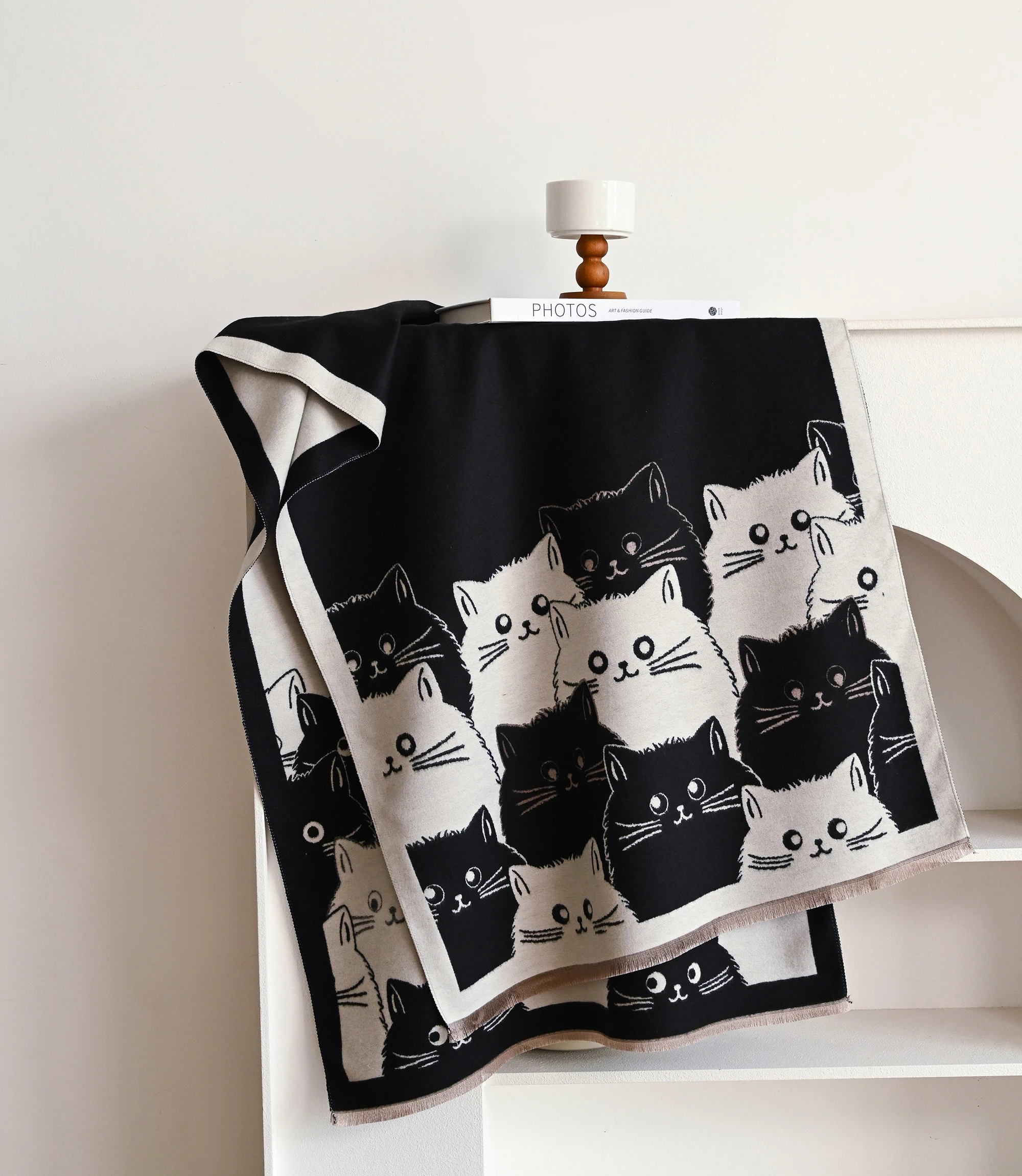 Ladies Kitten Pattern Double Sided Shawl Thin Fringe Cashmere Feel Large Wrap Scarf for Autumn Winter Daily Matching
