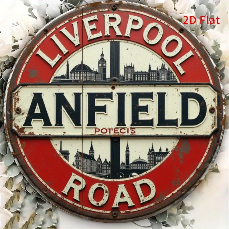2D Flat, Liverpool Anfield Road Vintage Metal Sign - Rustic Aluminum Wall Art, 20x20cm, Red & White Distressed Design, Perfect