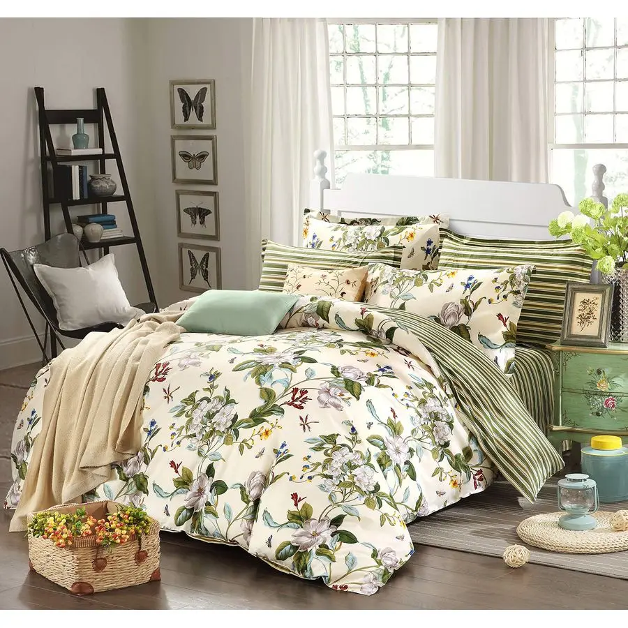 

Floral Duvet Cover Set 100 Cotton Green Striped and Beige Bedding White Flower Branches Print 600 TC Soft Reversible Zipper Bed