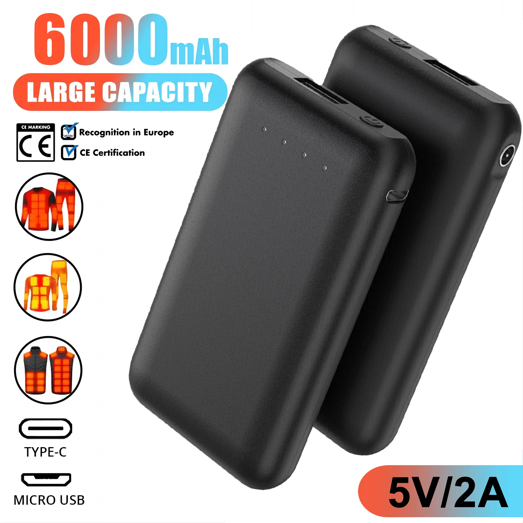 6000mAh Power Bank 5V 2A Portable Charger External Battery Pack for Heating Vest Jacket Scarf Gloves Electric Heating Equipment