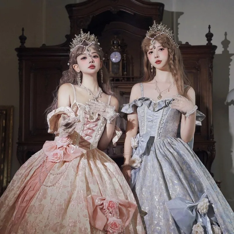 فستان الأميرة الأصلي لوليتا الياباني الكوري الجديد لعام 2025، فساتين حفلات بحمالات طويلة وخصر عالي