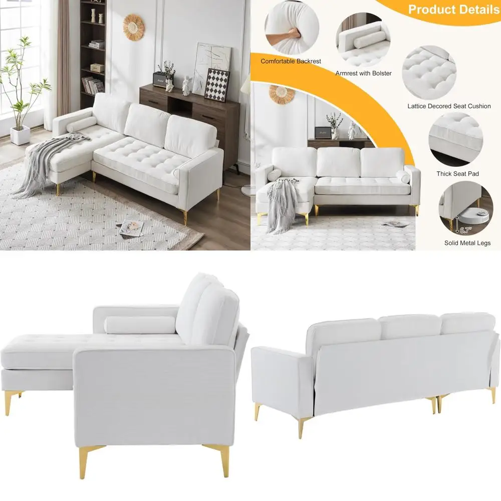 

Linen Fabric L-Shape Sectional Sofa with Reversible Chaise for Living Room, Futon Style Couch, Lattice Decorated Seat Cushion