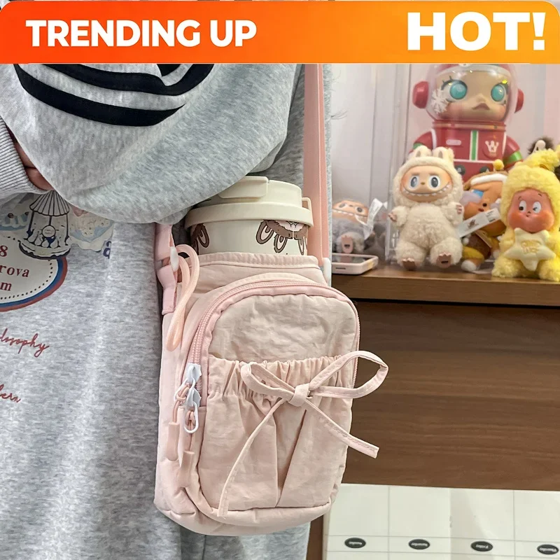 Summer New Model Mobile Phone Crossbody Bag Casual Water Bottle Bucket Shaped Bag Japanese Style Bow Single Shoulder Bag