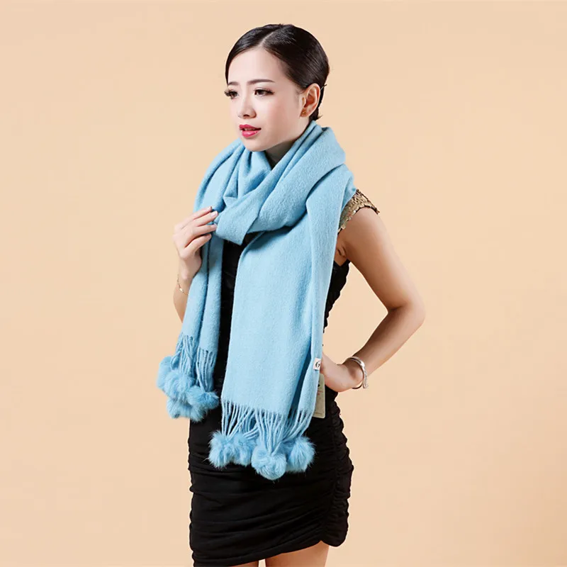 Winter Cashmere Wool Pashmina Scarf Muffler Woman Autumn Winter Wool Shawl with Real Rabbit Fur Pompom Tassel