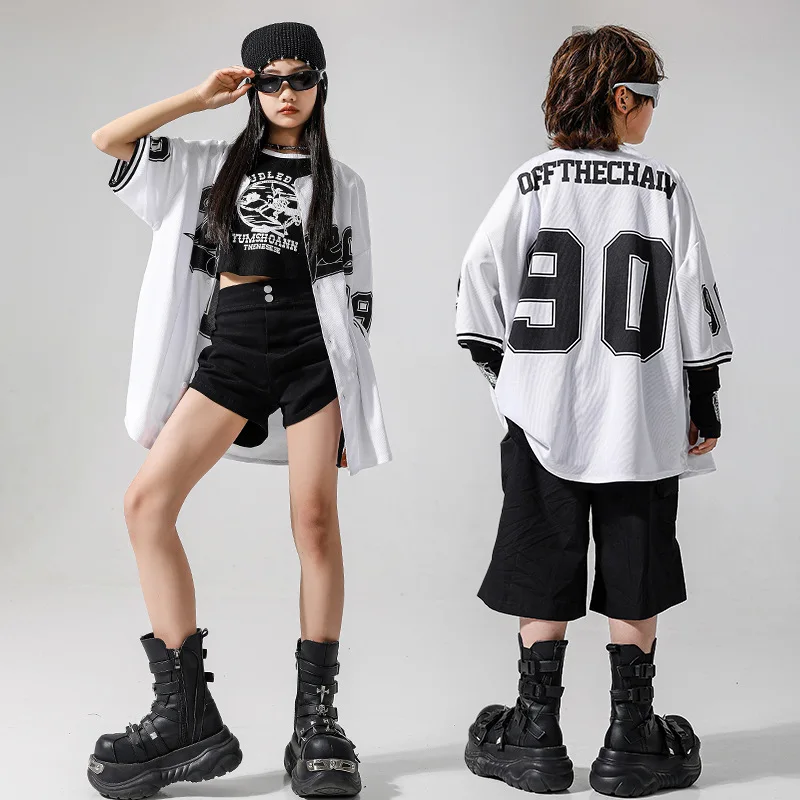 

Kid Kpop Hip Hop Clothing White Baseball Cardigan Shirt Black Casual Cargo Shorts for Girl Boy Jazz Dance Wear Costume Clothes