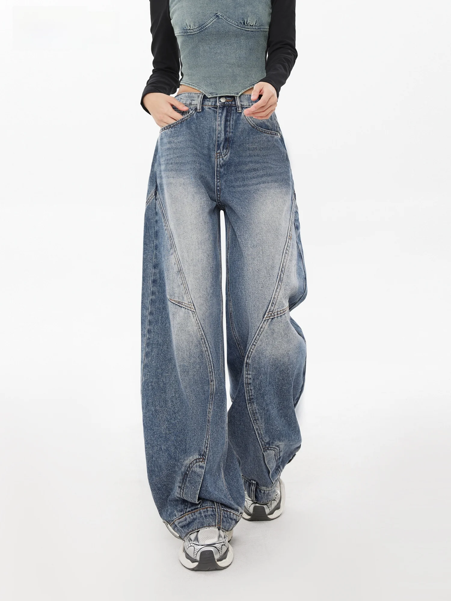 

Blue Denim Wide Leg Pants Women's Spring New Loose Fit Casual Style Patchwork Design Elastic Waist Knife Jeans