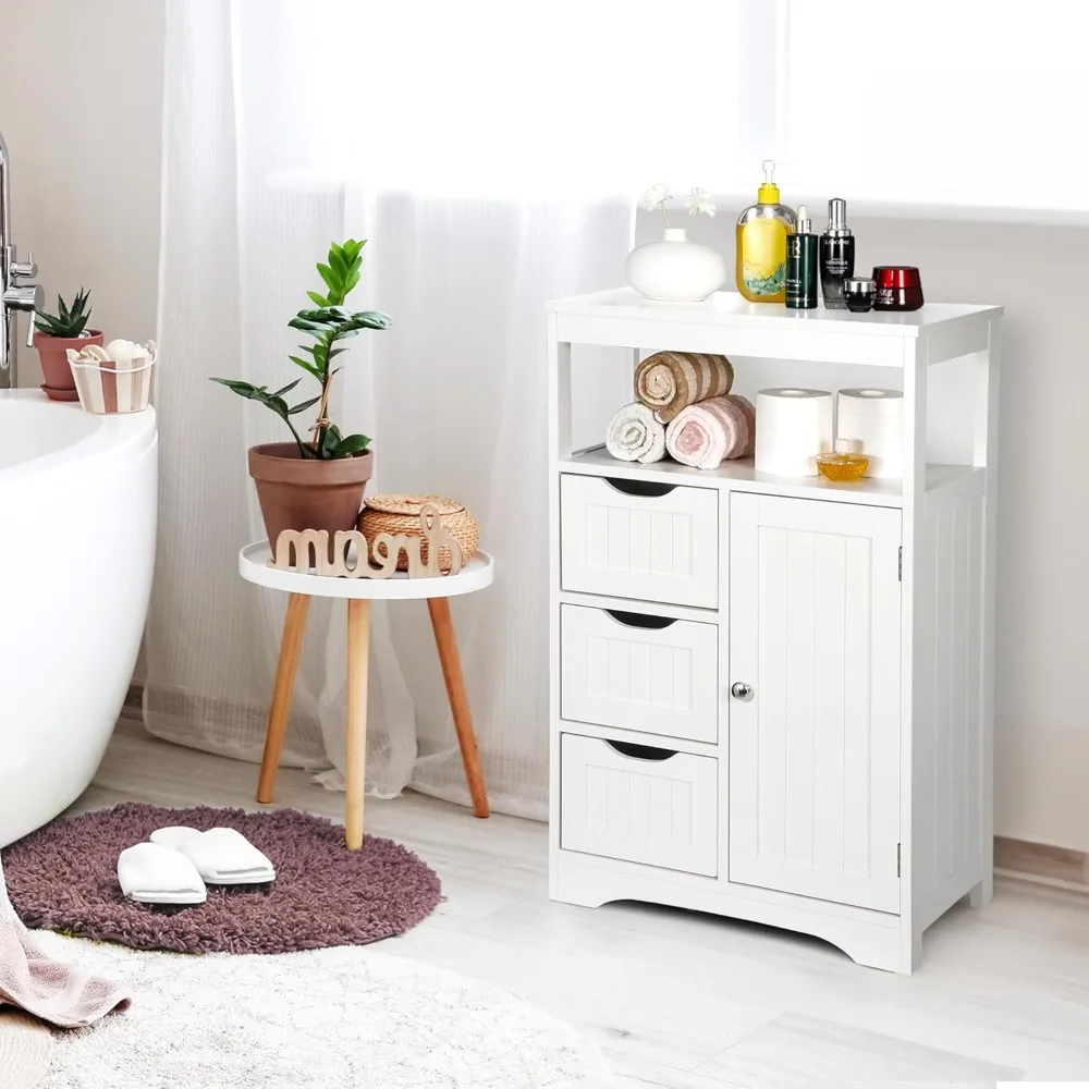 

Bathroom floor cabinet wooden storage organizer with adjustable shelves and 3 drawers, modern freestanding cabinet