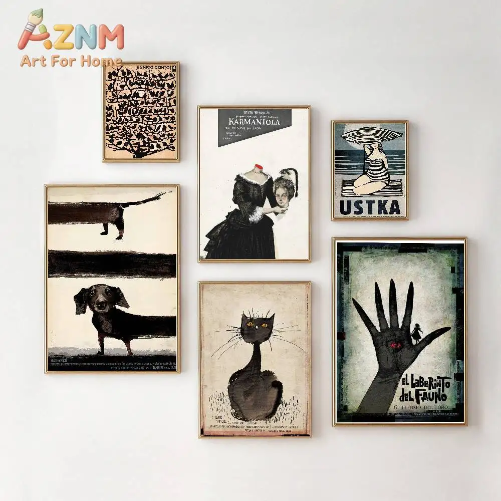 AZNM Vintage Polish Poster Canvas Wall Art, Retro Abstract Cat Dog Sea Travel Print, Eclectic Gallery Wall Living Room Home Deco