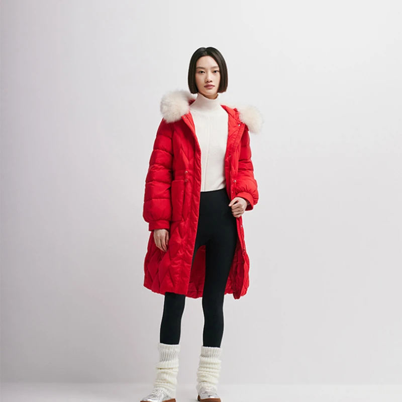 Chericom jaqueta feminina de inverno 2025 nova destacável pele de raposa capuz guarnição acolchoada padrão cintura cordão puffer casaco y269761y