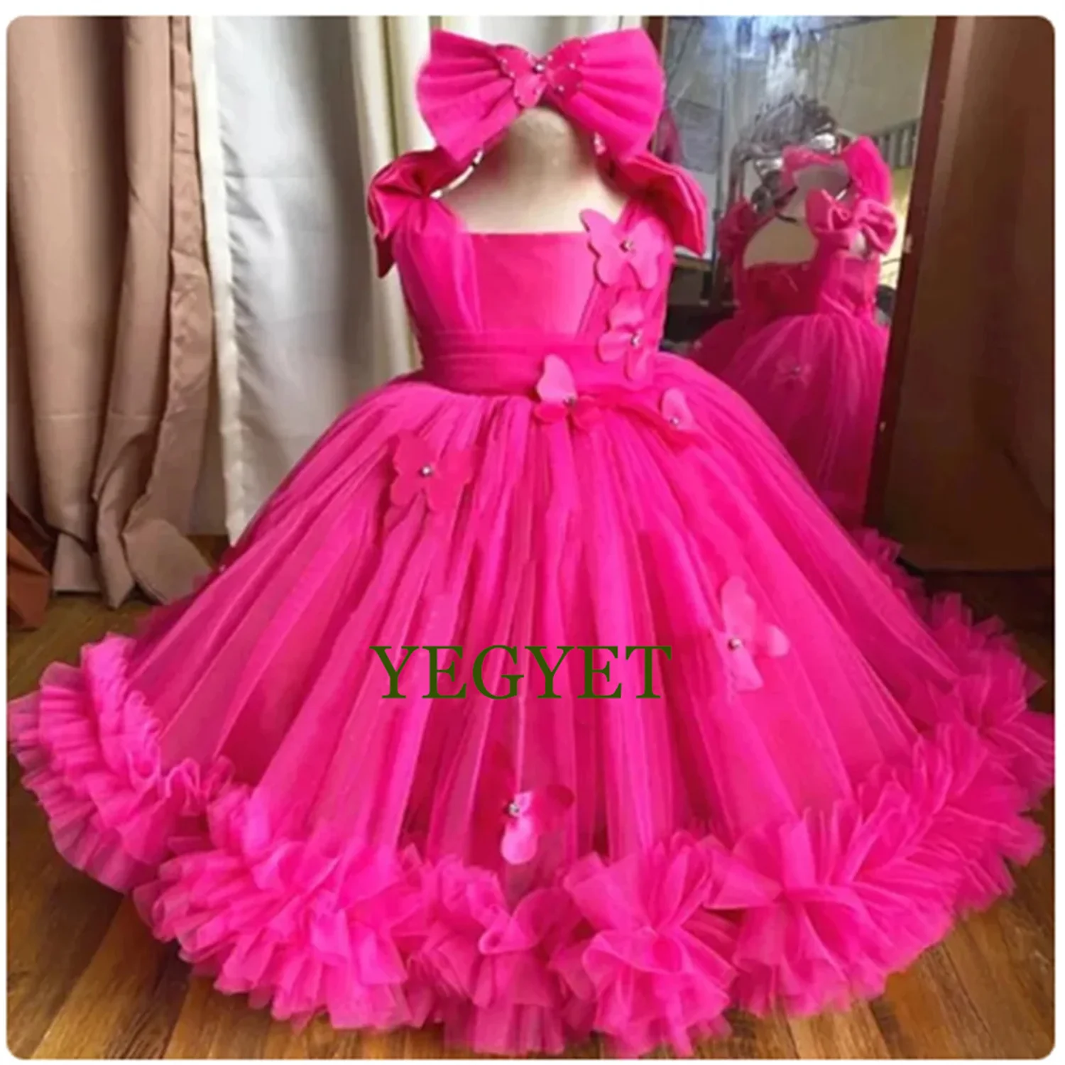 

Cute Flower Girl Dresses For Wedding Puffy Tulle 3D Butterflies Princess Birthday Party Ball Gowns First Communion Dress