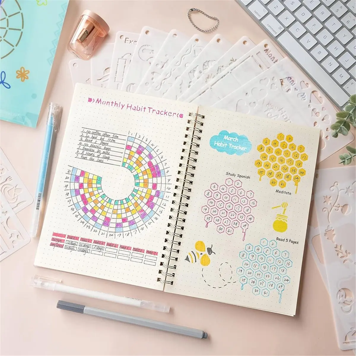 Journal Stencils Kit (36PCS) - Planner Accessories Log Printing Template for Ournaling Hollow Painting Template