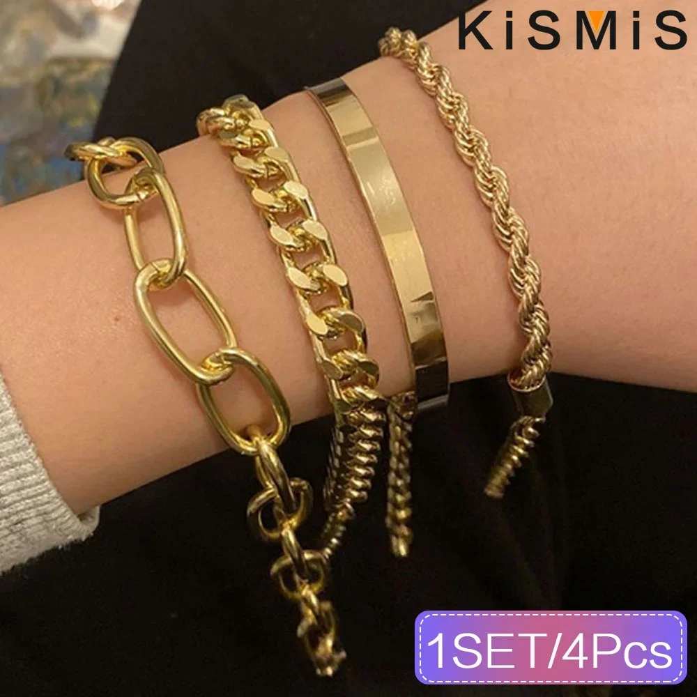 KISMIS 1Set(4Pcs) Punk Curb Cuban Chain Bracelets Set for Women Miami Boho Thick Gold Color Charm Bracelets Bangles