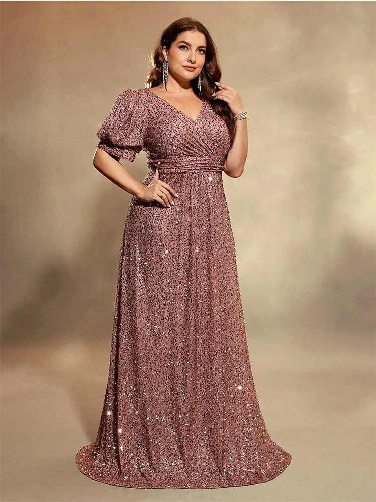 Plus Size V-Ausschnitt Kurzarm Pailletten rosa boden langes Abendkleid 4xl 5xl große Größe glänzendes mehrfarbiges Bankett Abendkleid