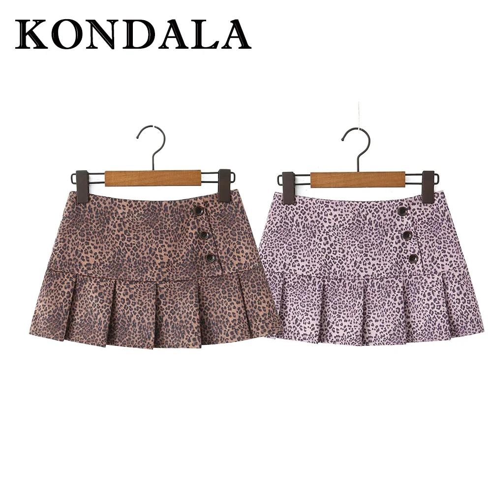 KONDALA Chic Sexy Pink Leopard Pleated Chic Mini A-Line Skirt Fashion 2025 Night Party Y2K Club Sweet Heart Women‘s Mini Skirts