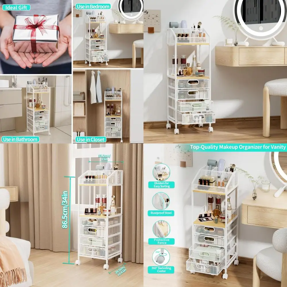 Chariot de maquillage roulant à 4 tiroirs – Organisateur de vanité au sol pour le rangement des soins de la peau, des cosmétiques, des parfums et des vernis à ongles.