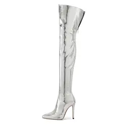 Patent Leather Pink Silver Gold Pointy Toe Overknees Back Zipper Wide Calf Thigh High Stiletto Heels Over-the-knee Stretch Boots