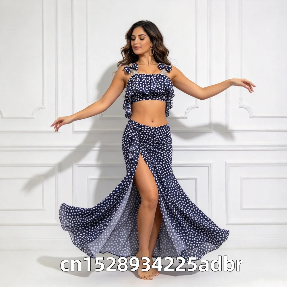 New Belly Dance Costumes for Women Customized Exquisite Bow Top+Sexy Long Skirt 2pcs Belly Dancer Professional Practice Clothes