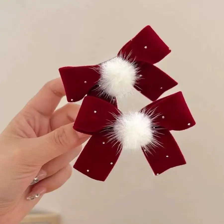 دبابيس شعر على شكل فيونكة مخملية حمراء للأميرة فتاة لطيفة Pompom للأطفال مقاطع شعر للخريف والشتاء مقاطع كورية حلوة أغطية رأس للعام الجديد #4