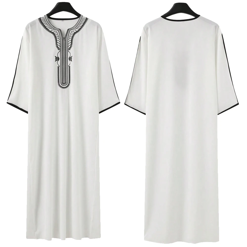 2025 Kaftan Muslim Men'sThobe Embroidered Loose Casual Robe Islamic Abaya for Men Moroccan Arabic Gown Prayer Clothes Dress