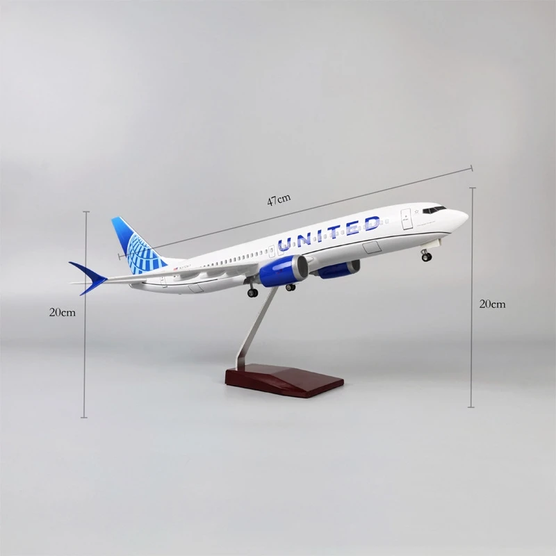 Escala de avión de 47cm United Airlines 737 Max B737, modelo de aviones con luz y rueda, juguetes de avión de resina fundida a presión