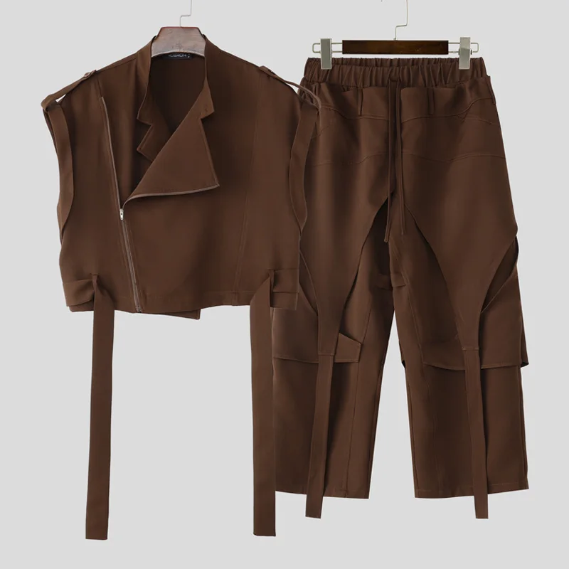 INCERUN мужские комплекты однотонные укороченные жилеты без рукавов на молнии и брюки комплекты из двух предметов свободная уличная одежда модные мужские повседневные костюмы