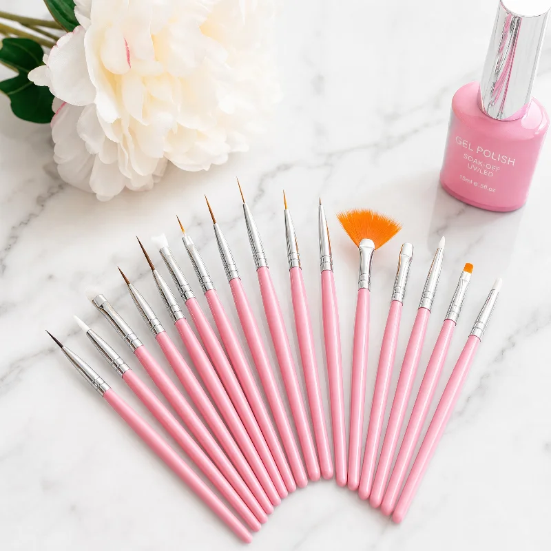 

15pcs Professional Nail Art Brush Set - Pink Gel & Acrylic Nail Brushes Kit for Painting, Striping, Liner, Shading, Sculpting