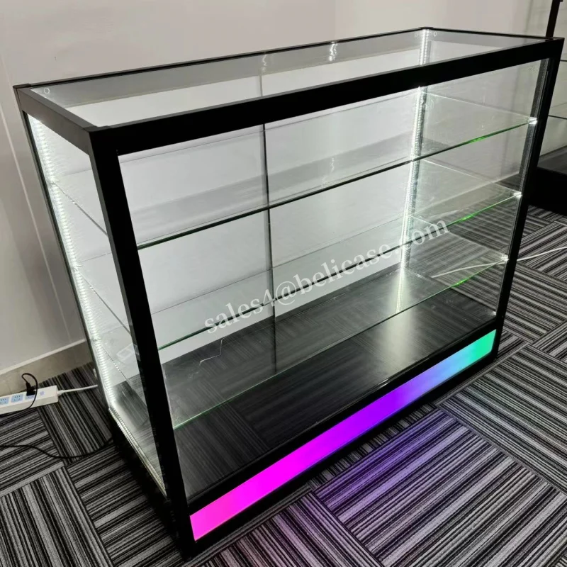 （customized）Colorful Light Glass Display Cabinet with Adjustable Shelves Lockable Floor Display Cases Smoke Shop Showcases