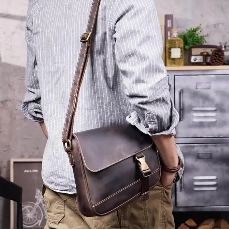 PNDME, bolso cruzado de piel de vaca de Caballo Loco hecho a mano de diseñador vintage para hombre, bandolera de hombro de cuero genuino de lujo informal