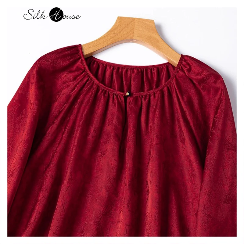 

Women's Casual New Artistic Grass Dyed Elegant 20MM 100% Natural Mulberry Silk Jacquard Satin Lantern Sleeve Red Loose T-shirt