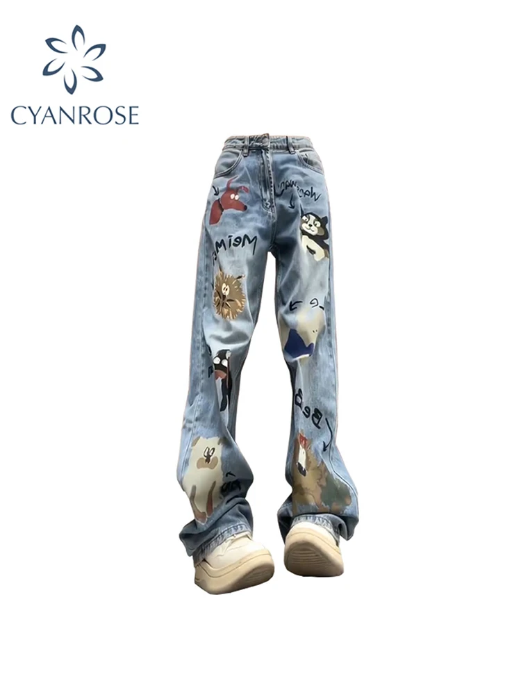 

Women Vintage Graffiti Punk Jeans Baggy High Waist Denim Trouser Harajuku 90s Aesthetic Y2k Wide Pants Emo 2000s Trashy Clothes