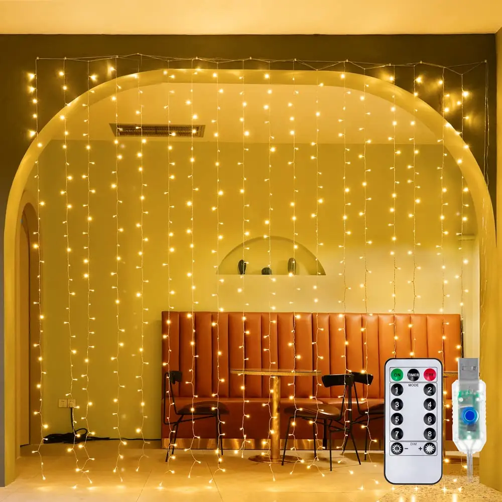 LED Curtain String Lights Christmas Garland Decor Fairy Light 8 Modes USB Remote Control Wedding Holiday Party for Bedroom Home