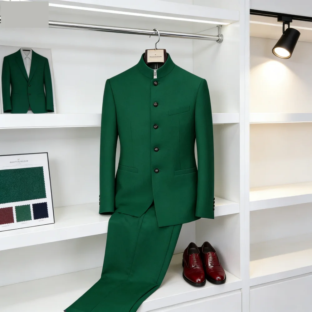 

Классический высококачественный мужской костюм-двойка в китайском стиле, приталенный, для свадьбы, с жакетом и брюками с воротником-стойкой