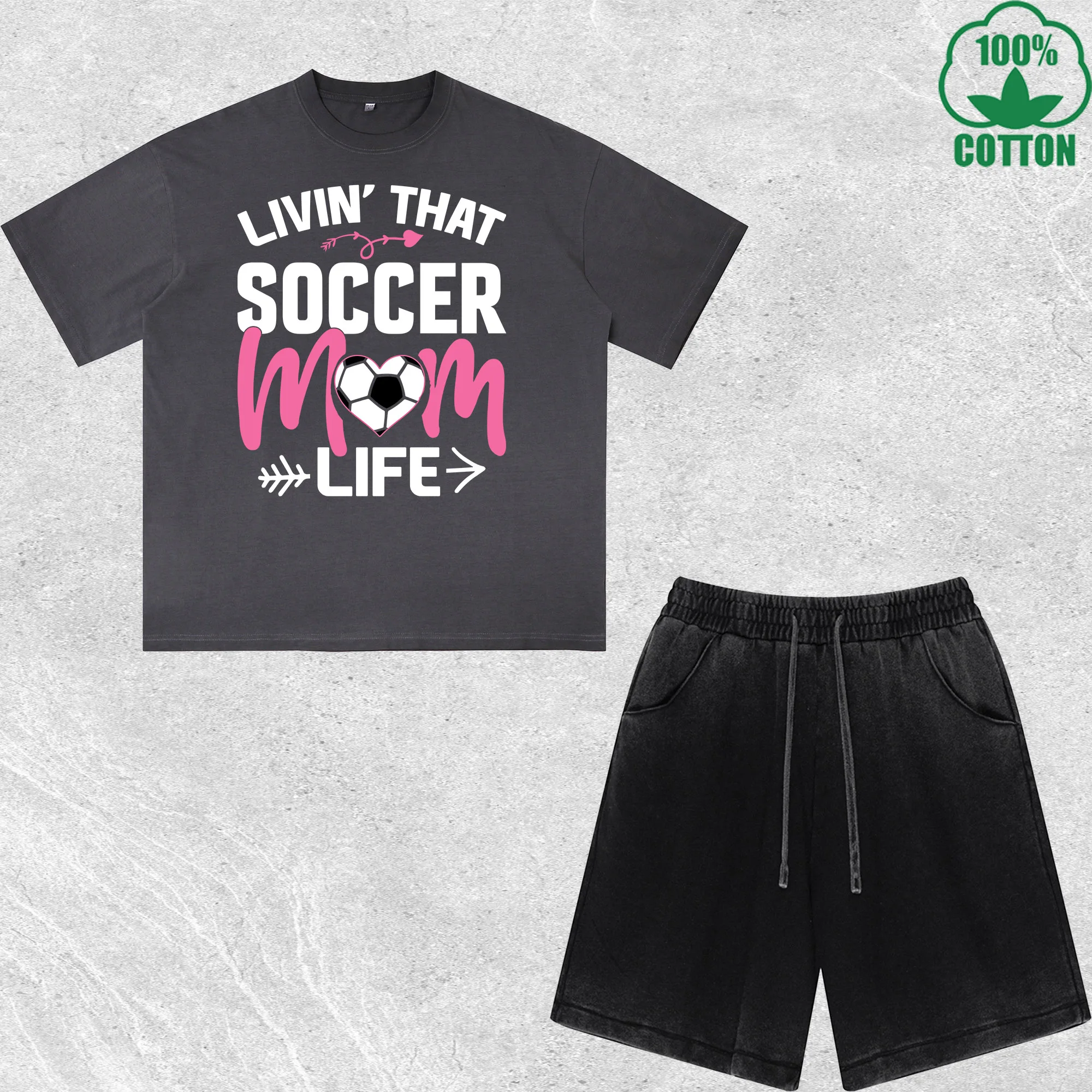 

Soccer Mom Life Printed Dirty Wash T-Shirt Shorts Set Multicolor Combo Loose Trendy Fashionable 100%Cotton Short Value Pack