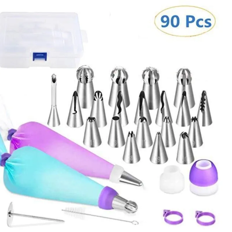 

90Pcs/Set Silicone Pastry Bag Tips Torch Puff Cake Icing Piping Cream Cake Decorating Tools Reusable Pastry Bag 40pc Cake Nozzle