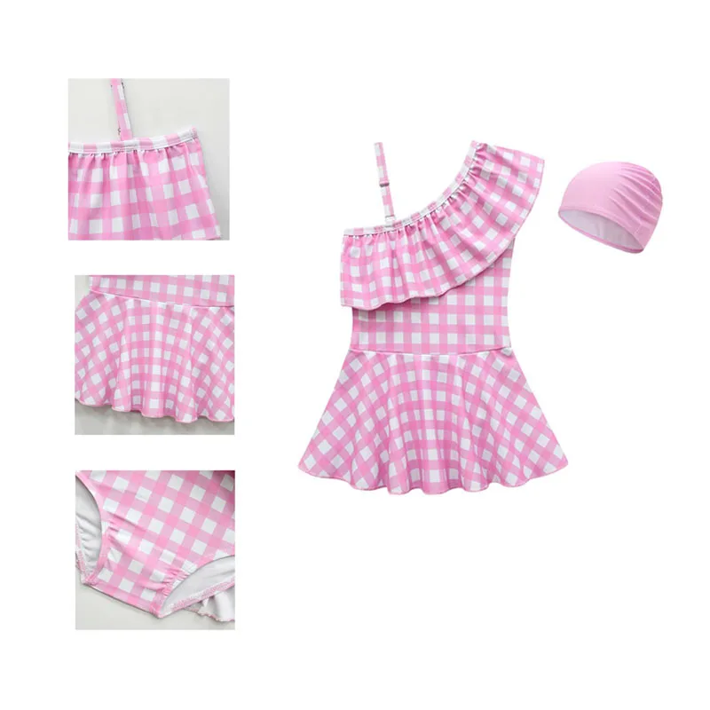 

Kids Barbier Cosplay Costume Children Girls Pink Plaid Swimsuits Caps Hats Full Set Swimwear Outfits Halloween Party Suit