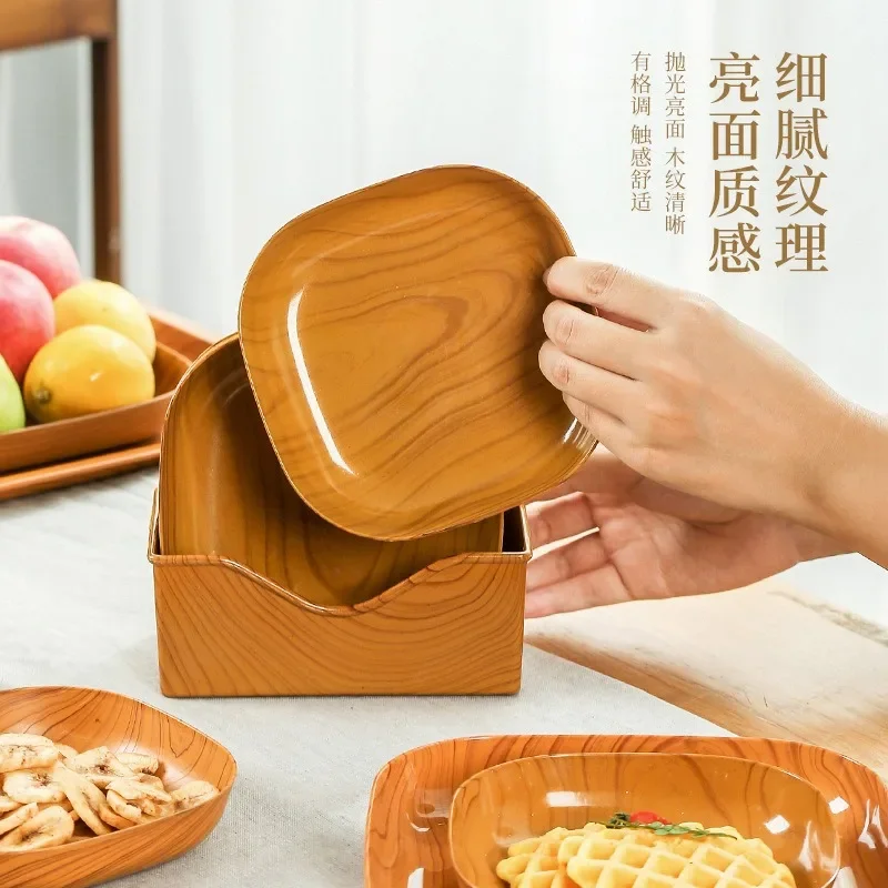 Kitchen Wood Grain Plastic Square Plate Flower Pot Tray Cup Pad Coaster Plate Kitchen Decorative Plate Creative Coaster Coffee