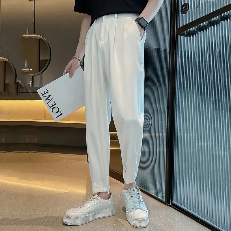 

Spring Summer Casual Suit Pants Men Harlan Pants Korea Ninth Pants Fashion Solid Simple Wild Vintage Loose Trousers Male 2023