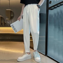 Spring Summer Casual Suit Pants Men Harlan Pants Korea Ninth Pants Fashion Solid Simple Wild Vintage Loose Trousers Male 2023