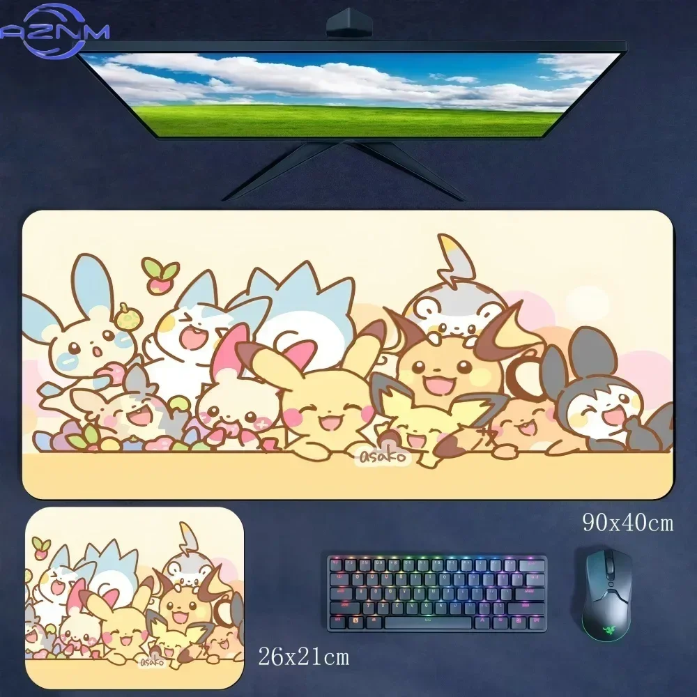 Large Extended Mousepad, Cute Chibi Cartoon Creature Family Group Art Desk Mat, Rubber Non-Slip Base, Waterproof Gaming Keyboard