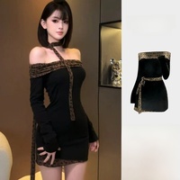 Sexy American Girl Leopard Print Patchwork One Shoulder Long Sleeve Dress Bodycon Skirt High Waist Short Dress Polyester Fabric