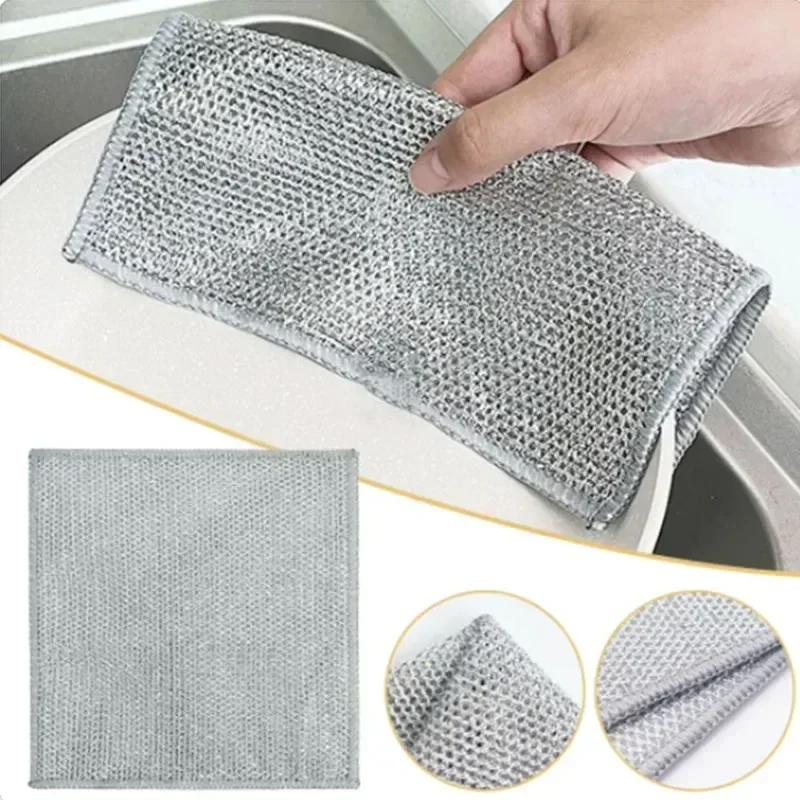 Thickened Steel Wire Cleaning Cloth Non-Scratch Double-layer Iron Microfiber Mesh Dishrag Washing Pot Rags Kitchen Towel