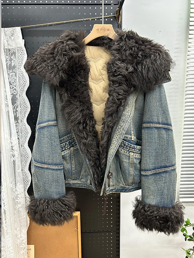 冬の新作リアルラムシープファーカラーカフスダウンジャケットショートカジュアルダウンウォームデニムジャケット女性用パーカーパファージャケット