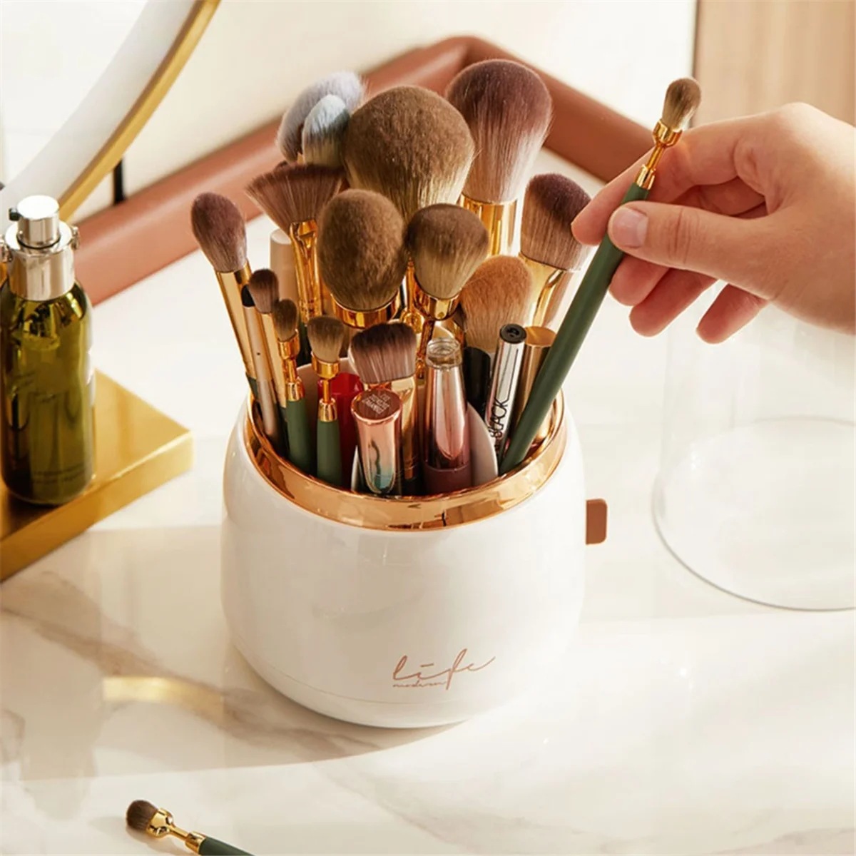 ABGU Multifuncional 360 °   Soporte giratorio para brochas de maquillaje, organizador cosmético de escritorio portátil para artista de maquillaje, verde oscuro