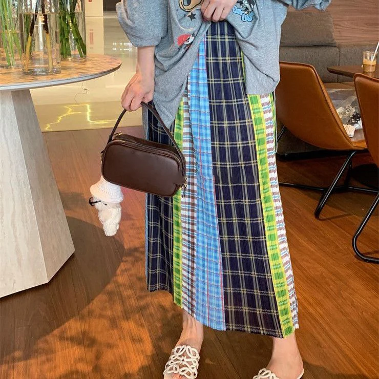 2026 spring and summer new fashion plaid pleated style retro color matching straight one-step pleated skirt