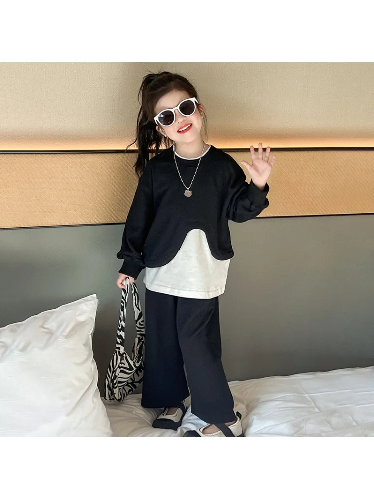 Girls' Trendy Assorted Colors False-Two-Piece Sweater2024Autumn New Versatile Casual Pants Two-Piece Fashion Children's Clothing image 6