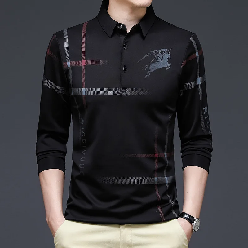 2023 New Style Men\'s Long Sleeved T-shirt Lapel Business Casual Long Sleeved Polo Shirt